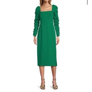 Antonio Melani Green Pine Ruched Puff Sleeve Midi Dress Size 2 NWT $199